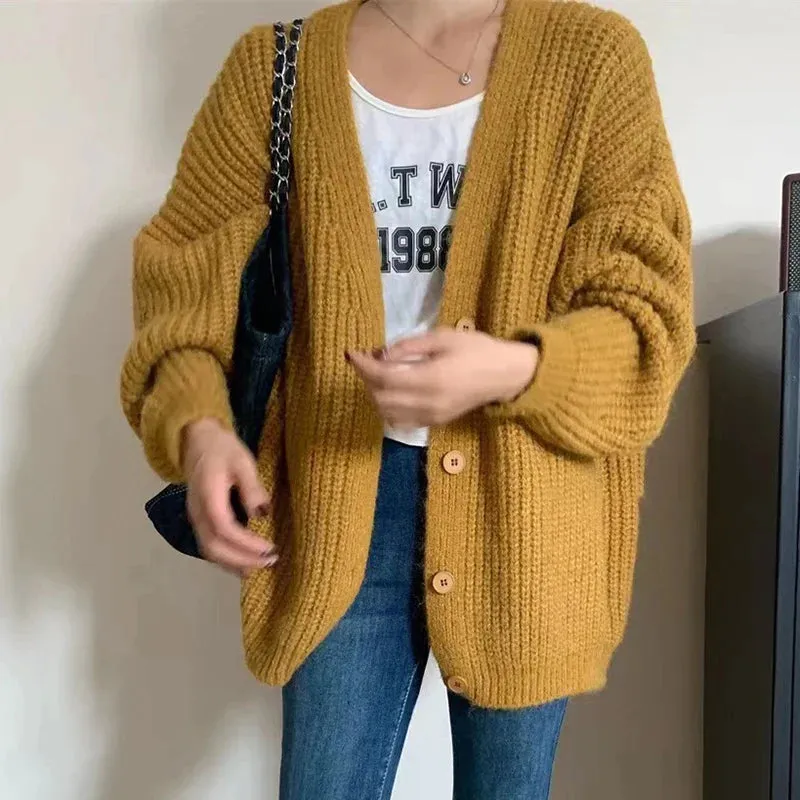 deanwangkt Chunky Knit Cardigan Women Long Sleeve V-Neck Button Up Sweaters Jacket Chic Knitwear Autumn Winter Outfit