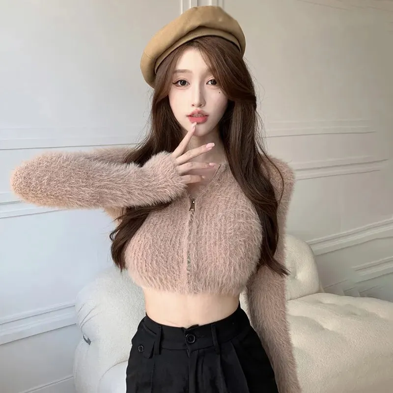 deanwangkt Coat Women's Sweater Top Knitted Cardigan Plush Off Shoulder Short Style Gentleness Mink Solid Color Zipper Design