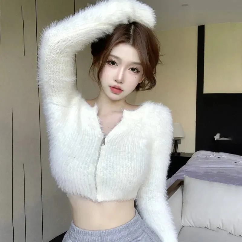 deanwangkt Coat Women's Sweater Top Knitted Cardigan Plush Off Shoulder Short Style Gentleness Mink Solid Color Zipper Design