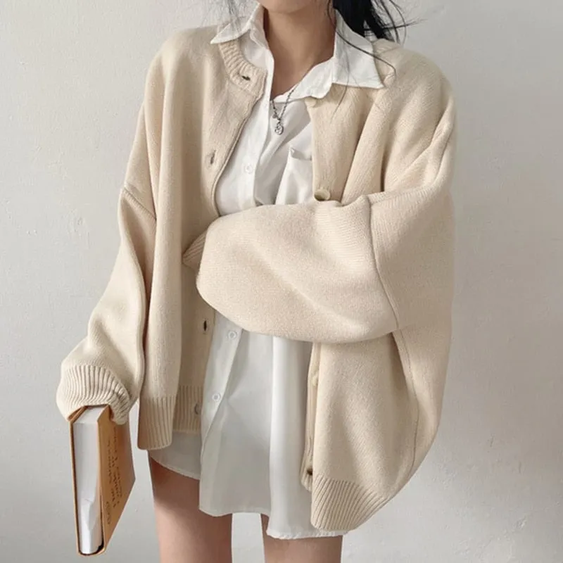 deanwangkt Knitted Cardigan  Autumn Korean Retro Round Neck Single-Breasted Loose Casual Solid Color Long-Sleeved Sweater