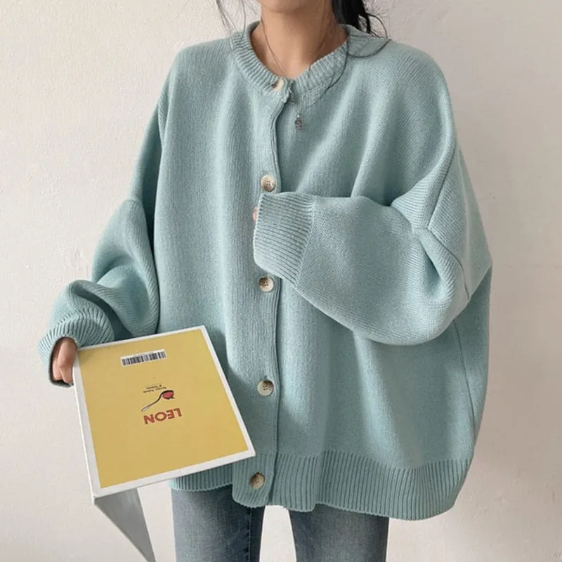 deanwangkt Knitted Cardigan  Autumn Korean Retro Round Neck Single-Breasted Loose Casual Solid Color Long-Sleeved Sweater