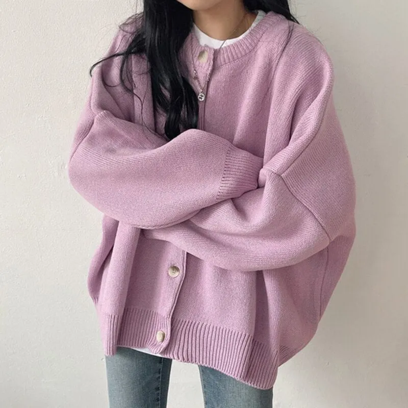 deanwangkt Knitted Cardigan  Autumn Korean Retro Round Neck Single-Breasted Loose Casual Solid Color Long-Sleeved Sweater