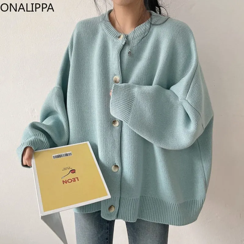 deanwangkt Knitted Cardigan  Autumn Korean Retro Round Neck Single-Breasted Loose Casual Solid Color Long-Sleeved Sweater