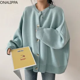 deanwangkt Knitted Cardigan  Autumn Korean Retro Round Neck Single-Breasted Loose Casual Solid Color Long-Sleeved Sweater