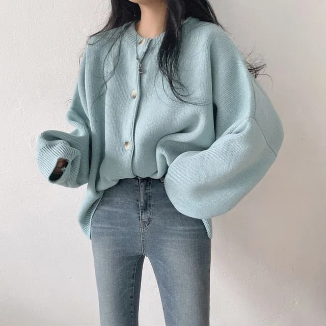 deanwangkt Knitted Cardigan  Autumn Korean Retro Round Neck Single-Breasted Loose Casual Solid Color Long-Sleeved Sweater