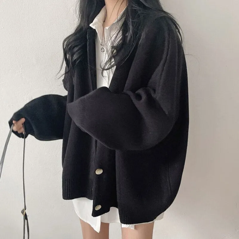 deanwangkt Knitted Cardigan  Autumn Korean Retro Round Neck Single-Breasted Loose Casual Solid Color Long-Sleeved Sweater