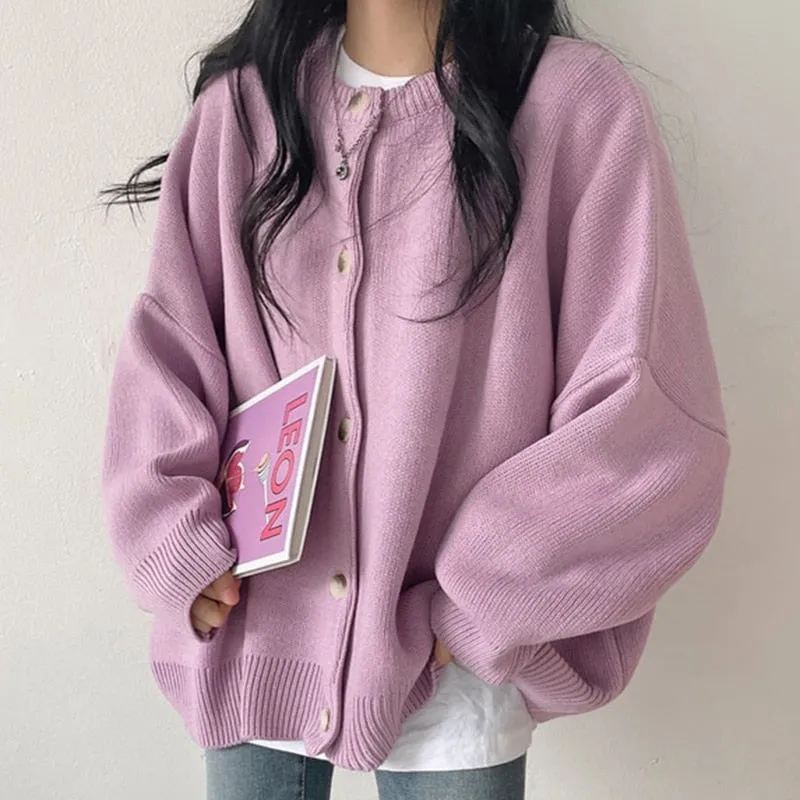 deanwangkt Knitted Cardigan  Autumn Korean Retro Round Neck Single-Breasted Loose Casual Solid Color Long-Sleeved Sweater