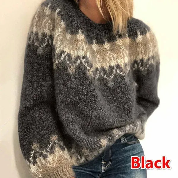 deanwangkt New Women Casual Loose Mohair Coarse Knitted Jacquard Sweater in Autumn and Winter