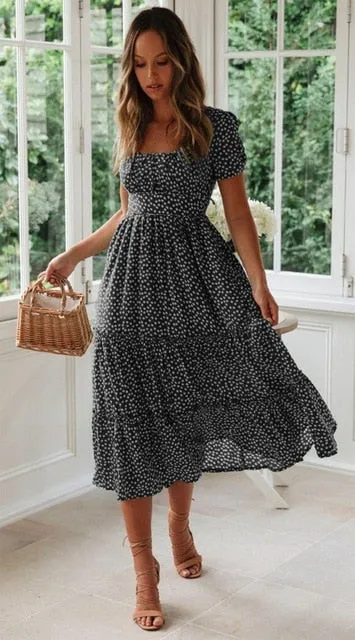 deanwangkt Vestidos Vintage Vintage Print Puff Sleeve summer Beach sweet dresses Casual Square collar floral maxi long dress festa