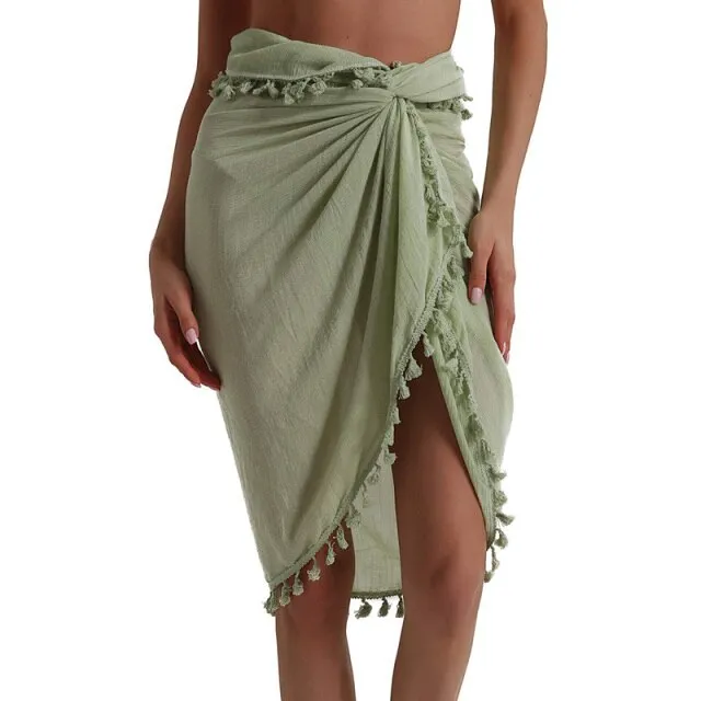 deanwangkt  Women Beach Dress Semi-sheer Swimwears Bikini Cover Ups Short Skirt with Tassels Chiffon Wrap Swimming Dress Sarong Pareo Shorts