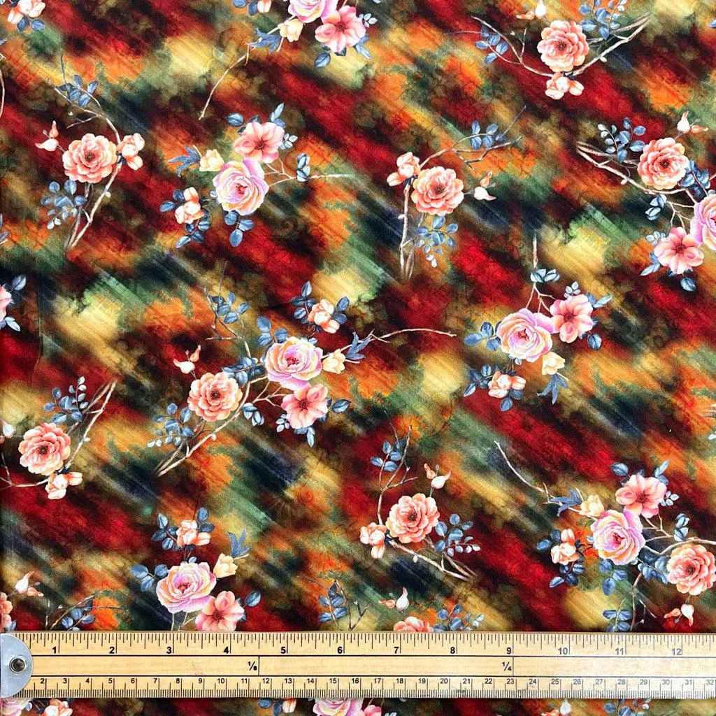 Digital Flower Bunches on Burnt Orange and Khaki Viscose Challis Fabric