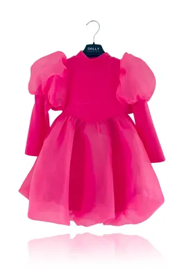 DOLLY WORLD PUFF LONG SLEEVE BALLOON ORGANZA DRESS WITH COTTON BODY barbiepink