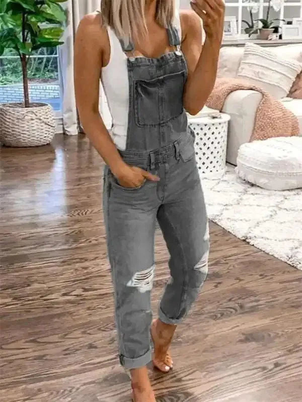 Double Shoulder Suspenders Ripped Denim Jumpsuit Women’s Casual