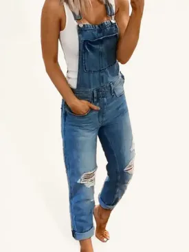 Double Shoulder Suspenders Ripped Denim Jumpsuit Women’s Casual