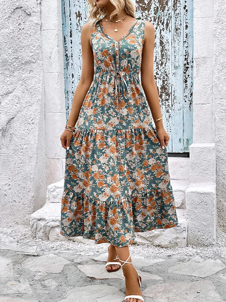 DressBetty - 2024 Elegant Floral Sleeveless Ruffle Boho Dress