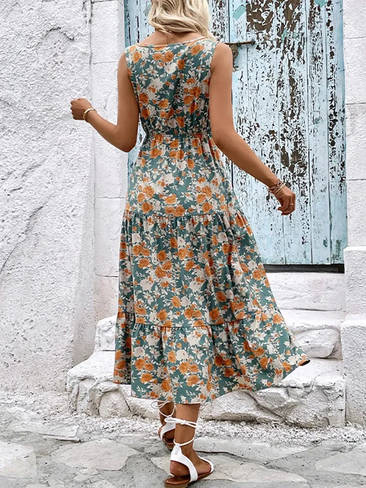 DressBetty - 2024 Elegant Floral Sleeveless Ruffle Boho Dress