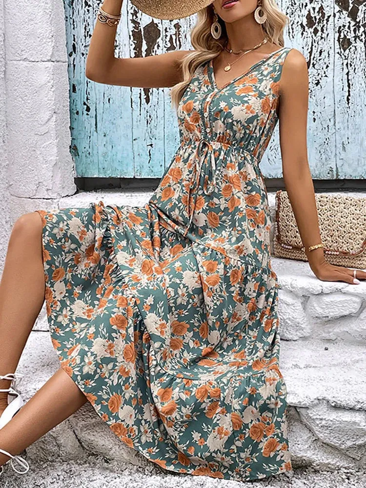 DressBetty - 2024 Elegant Floral Sleeveless Ruffle Boho Dress