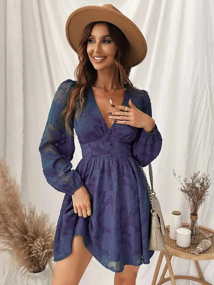 DressBetty - 2024 Sexy Long Sleeve Green Plunge A-Line Mini Boho Dress