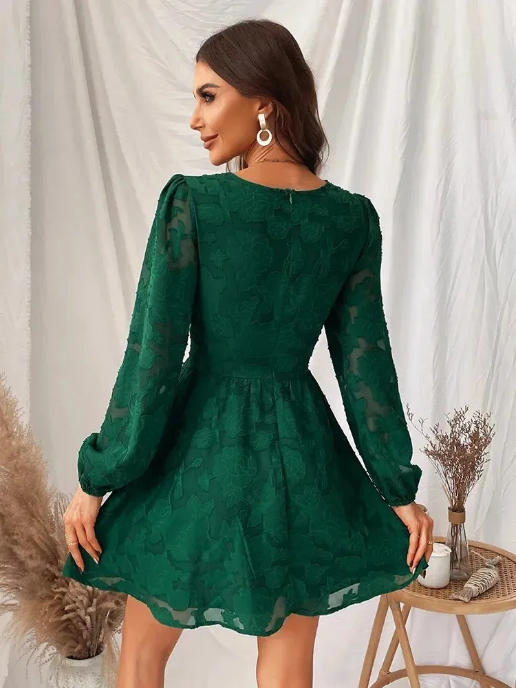 DressBetty - 2024 Sexy Long Sleeve Green Plunge A-Line Mini Boho Dress