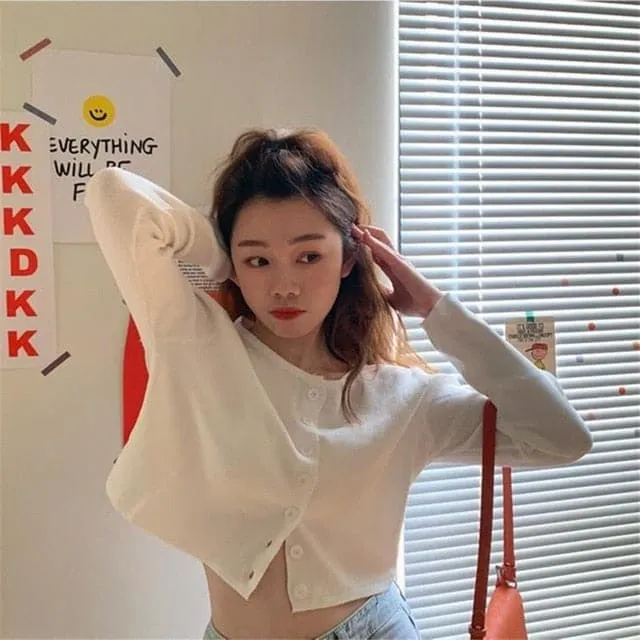 DressBetty - Korean Style O-neck Short Knitted Sweaters Women Thin Cardigan Fashion Sleeve Sun Protection Crop Top