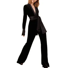 DressBetty - Velvet Jumpsuit Woman Deep V Neck Split Joint Satin Long Sleeve Black Ladies Elegant Slim Women Chic Runway Clothing