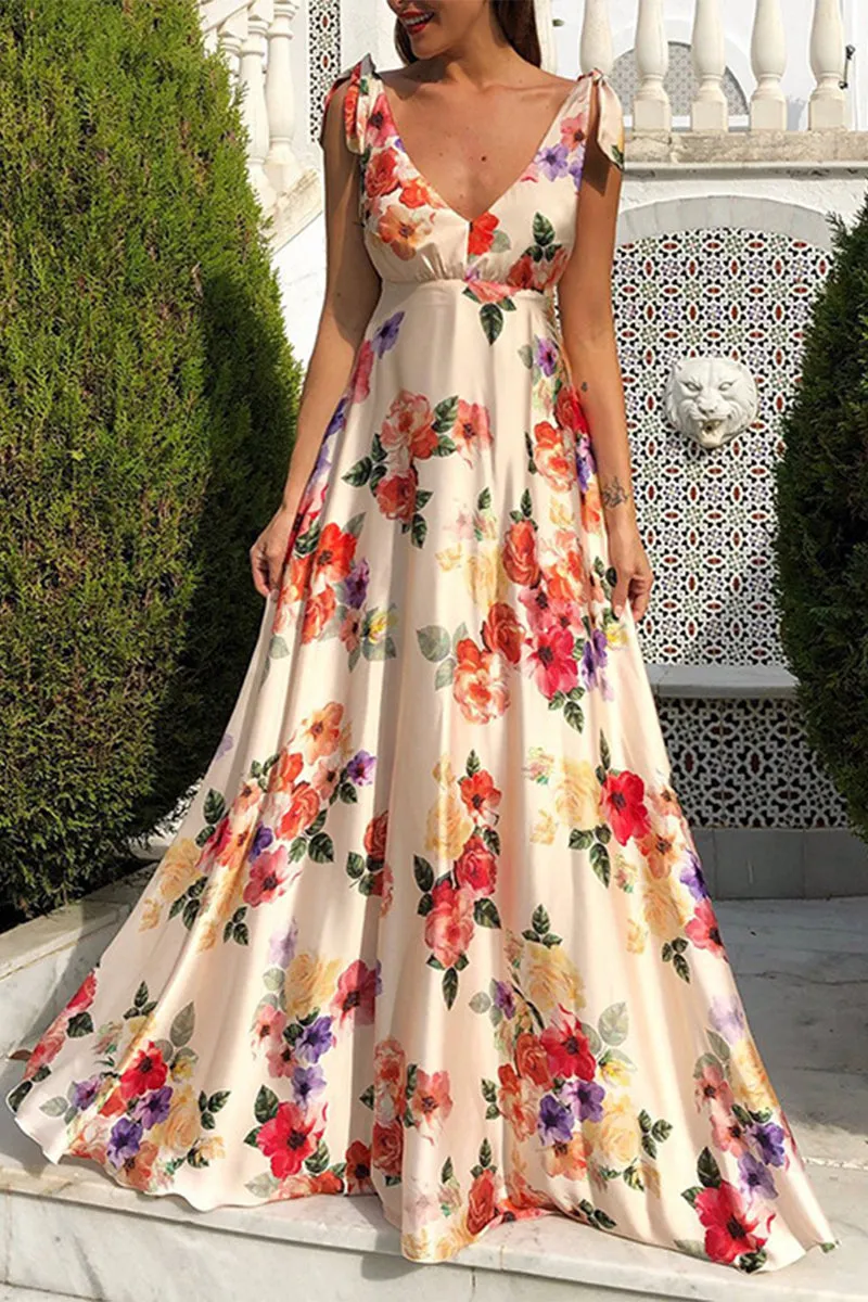 Elegant Floral Backless V Neck Printed Dress Dresses