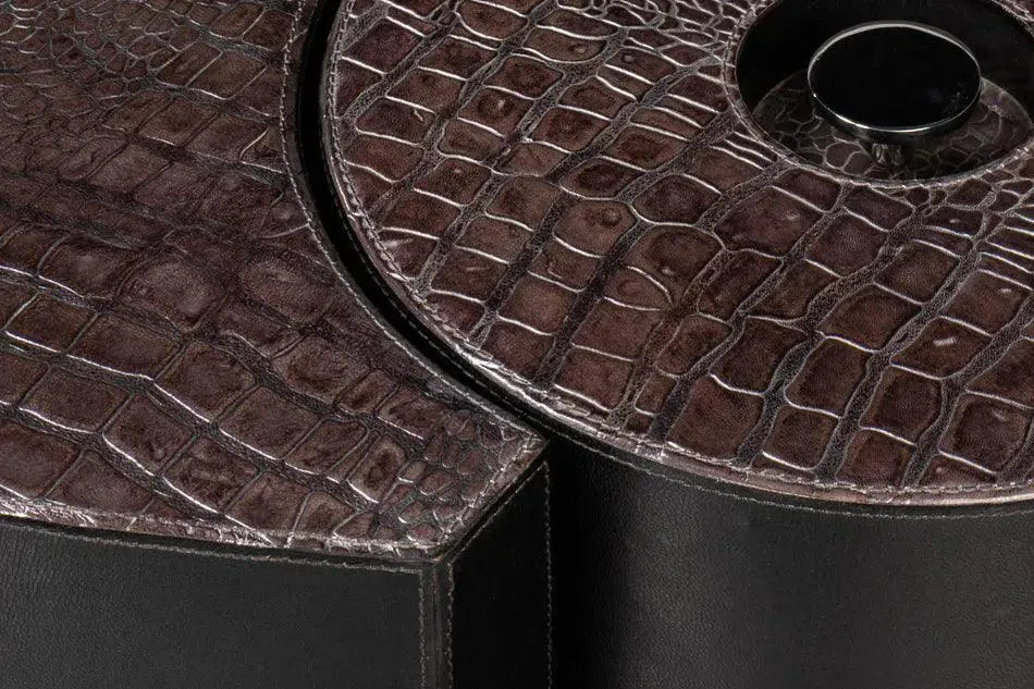 Elijah Coffee Brown Croco Emboss Leather Geomatric Cocktail Table