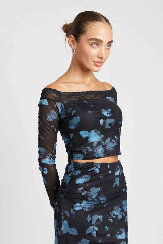 Emory Park OFF SHOULDER FLORAL TOP WITH LACE DETAIL