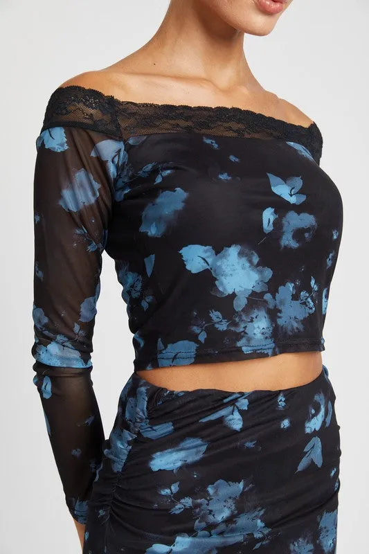 Emory Park OFF SHOULDER FLORAL TOP WITH LACE DETAIL