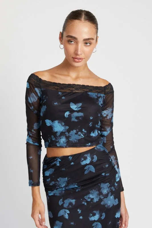 Emory Park OFF SHOULDER FLORAL TOP WITH LACE DETAIL