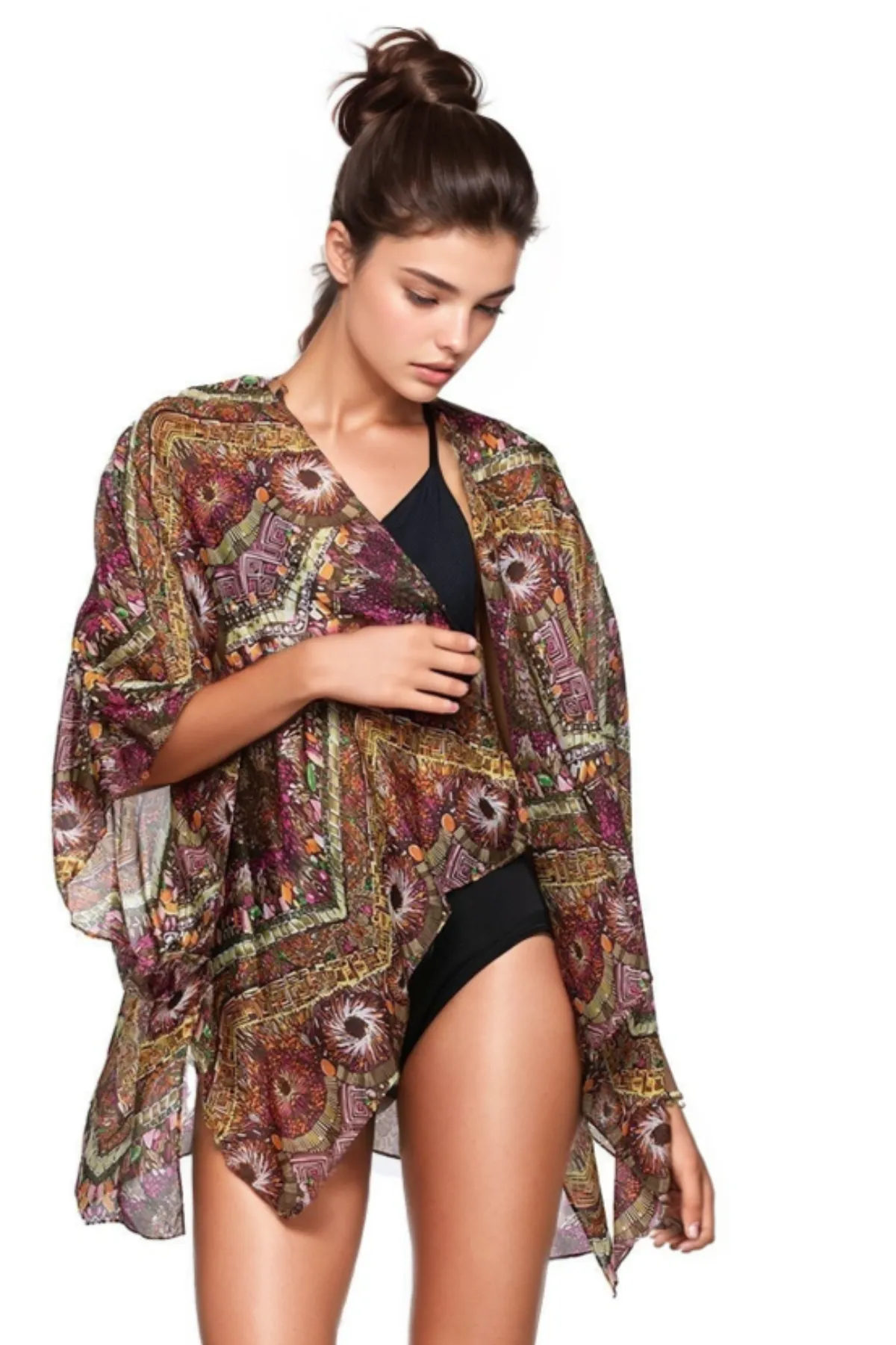 Enchanting Silky Print Crop Kimono Coverup