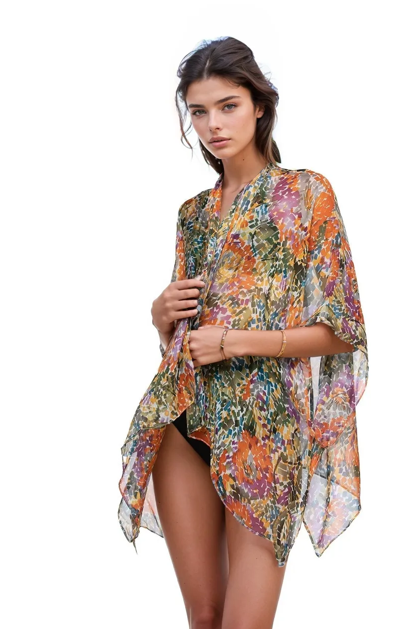 Enchanting Silky Print Crop Kimono Coverup