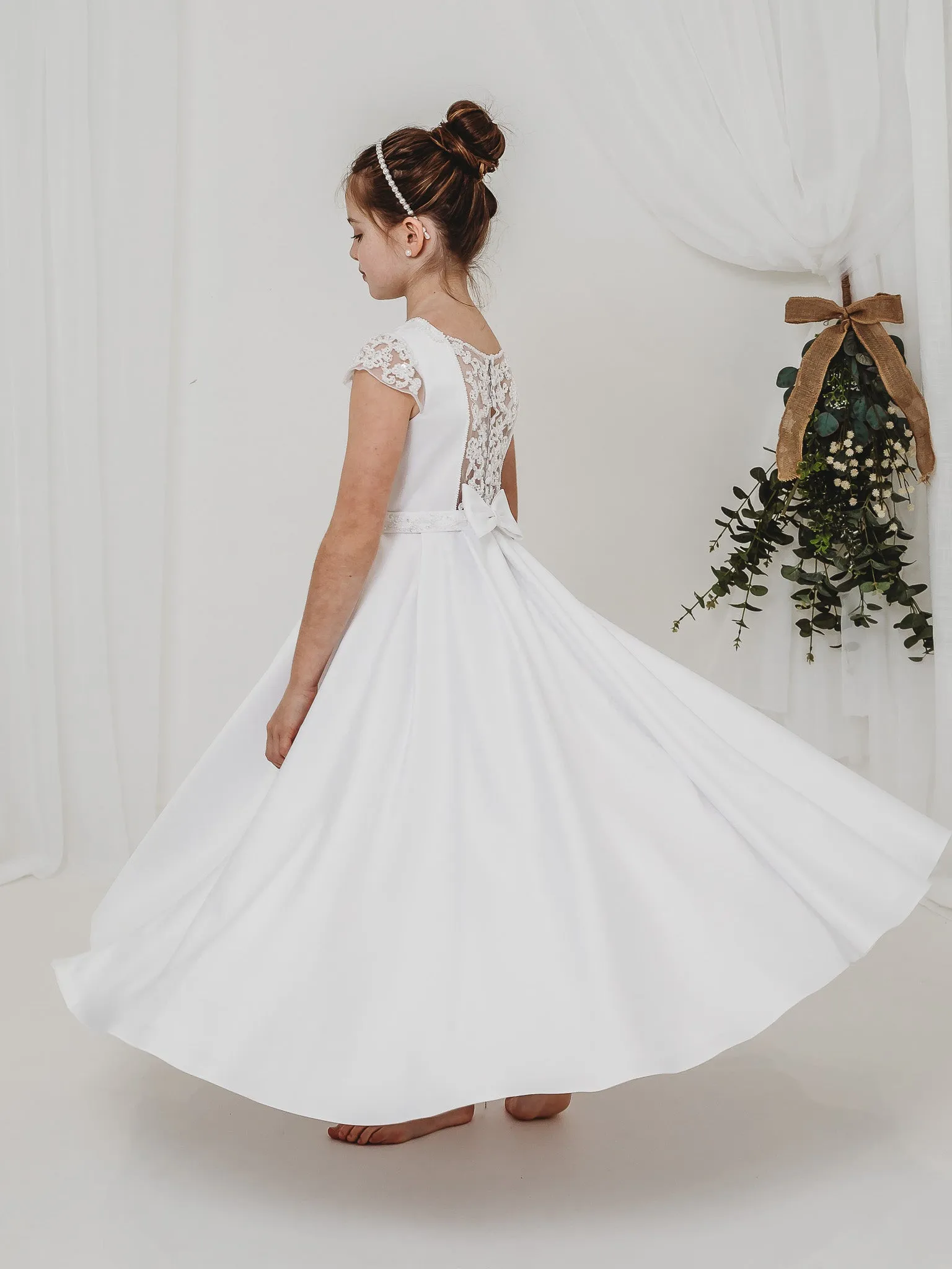 'Esther' White Satin & Pearl Communion Dress