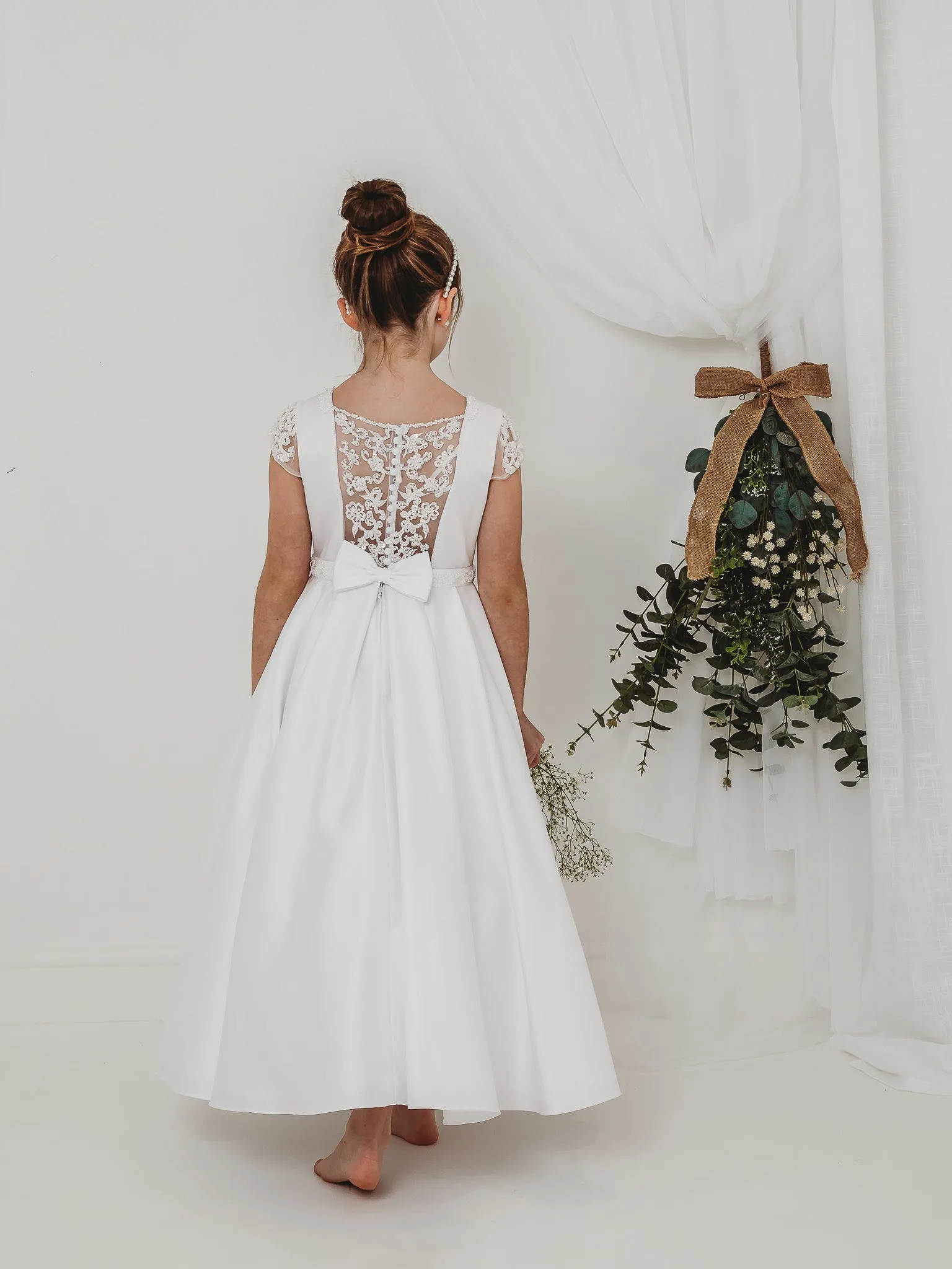 'Esther' White Satin & Pearl Communion Dress