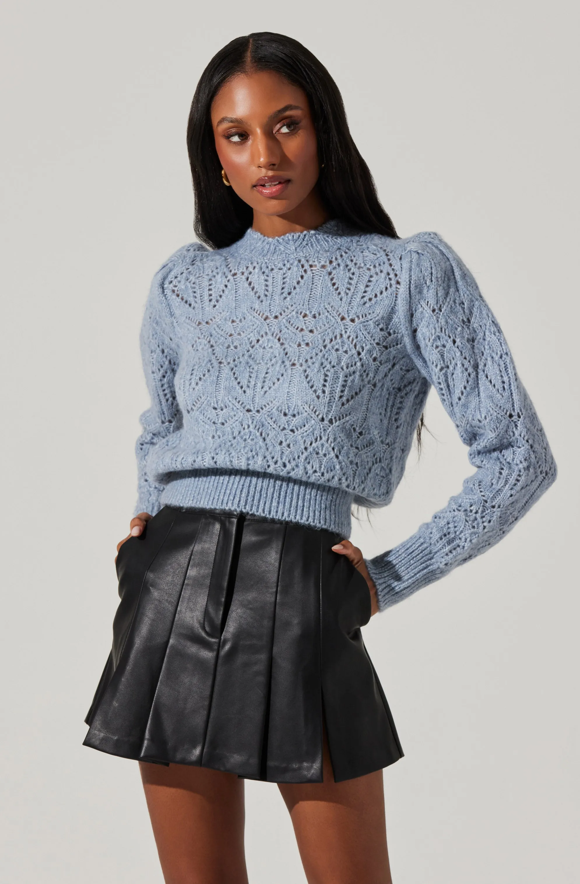 Evy Pointelle Puff Sleeve Sweater