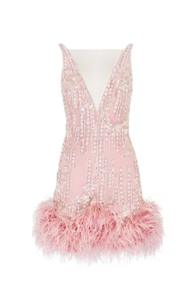 Fabulous mini dress on straps adorned with crystals and feathers