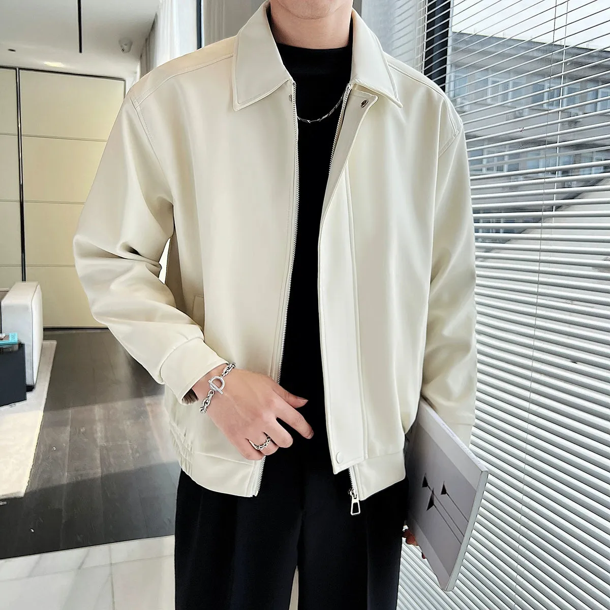 Fancy Lapel Short Jacket Handsome Disposable Leather Coat