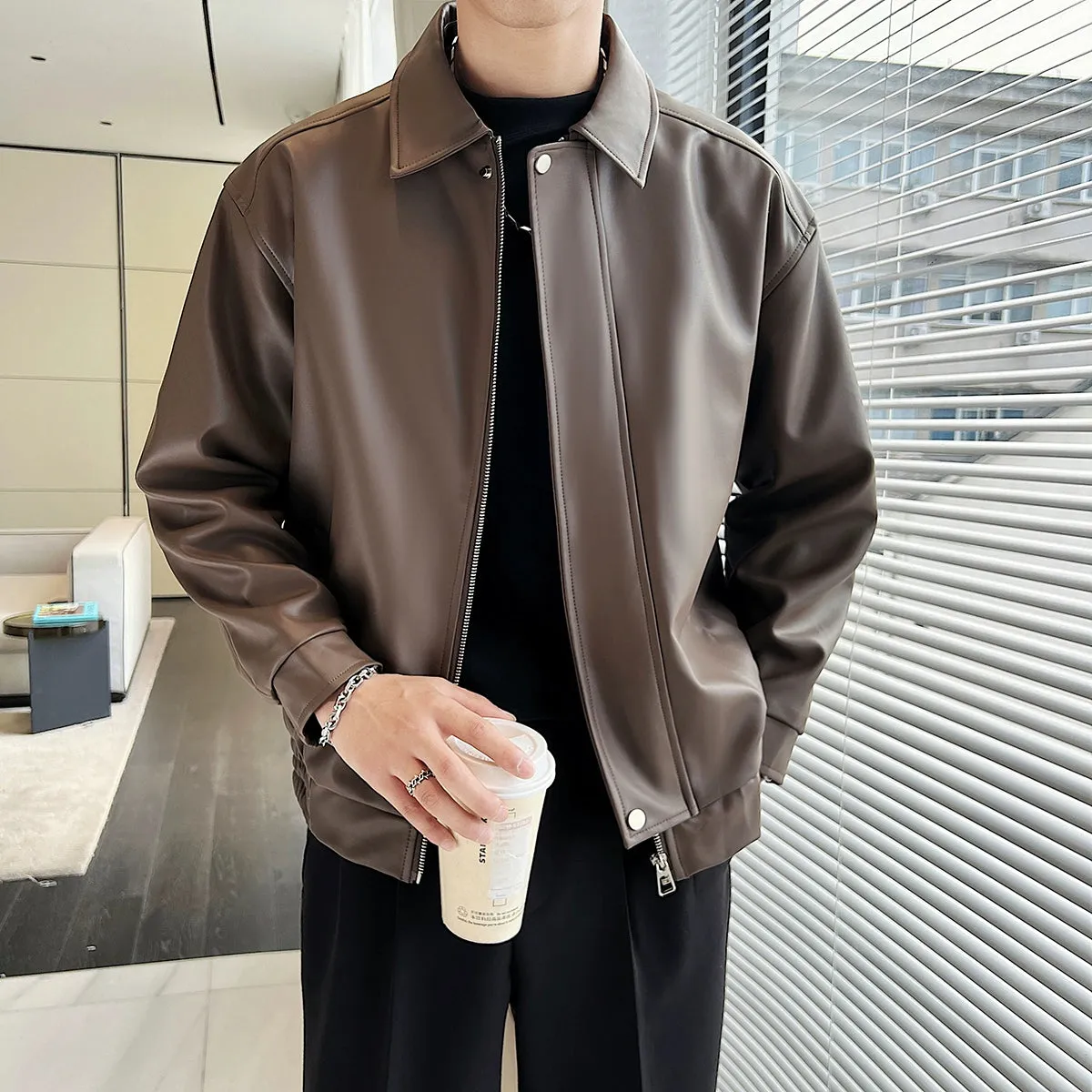 Fancy Lapel Short Jacket Handsome Disposable Leather Coat