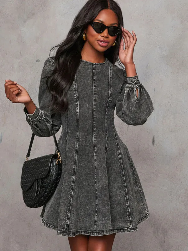 Fashion Casual Patchwork Waist Women's Denim Long Sleeve Dress