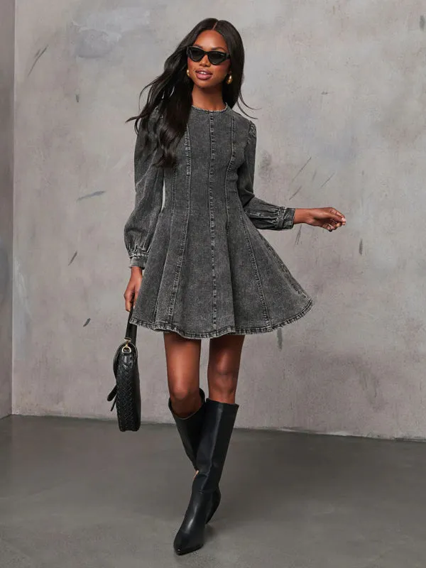 Fashion Casual Patchwork Waist Women's Denim Long Sleeve Dress