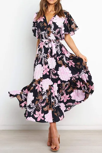 Fashion Elegant Floral Flounce Strap Design V Neck Waist Skirt Dresses