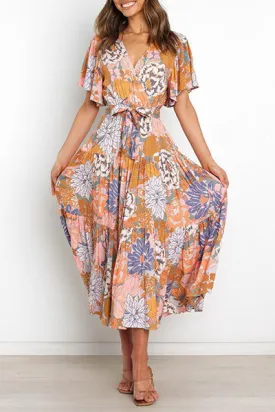 Fashion Elegant Floral Flounce Strap Design V Neck Waist Skirt Dresses