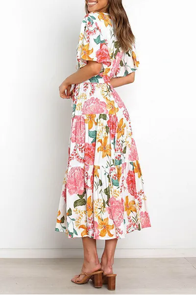 Fashion Elegant Floral Flounce Strap Design V Neck Waist Skirt Dresses