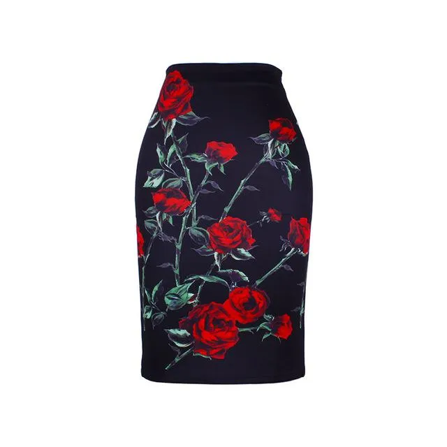 Fashion Flower Red Roses print women pencil skirts lady midi saias female faldas girls black bottoms M-XXL skirt wholesale