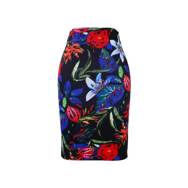 Fashion Flower Red Roses print women pencil skirts lady midi saias female faldas girls black bottoms M-XXL skirt wholesale