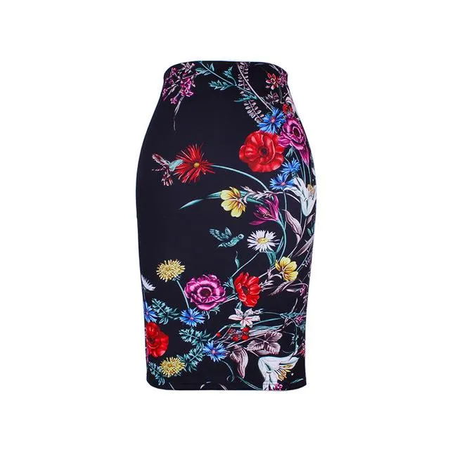 Fashion Flower Red Roses print women pencil skirts lady midi saias female faldas girls black bottoms M-XXL skirt wholesale