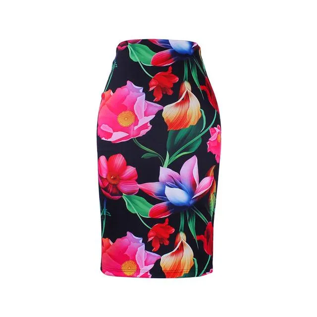 Fashion Flower Red Roses print women pencil skirts lady midi saias female faldas girls black bottoms M-XXL skirt wholesale