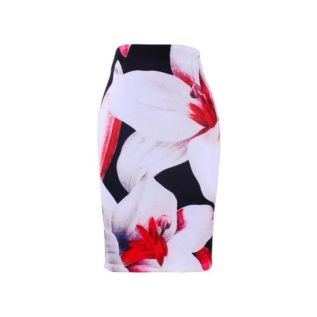 Fashion Flower Red Roses print women pencil skirts lady midi saias female faldas girls black bottoms M-XXL skirt wholesale