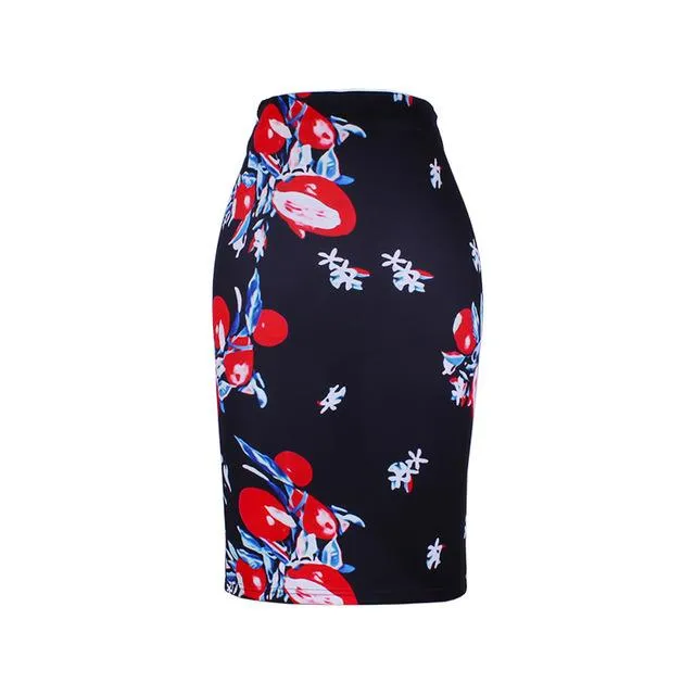 Fashion Flower Red Roses print women pencil skirts lady midi saias female faldas girls black bottoms M-XXL skirt wholesale