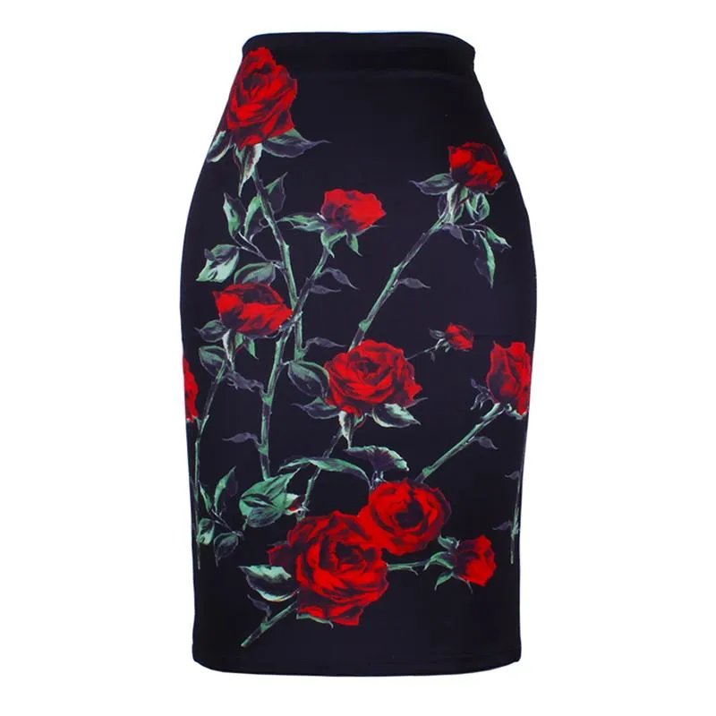 Fashion Flower Red Roses print women pencil skirts lady midi saias female faldas girls black bottoms M-XXL skirt wholesale